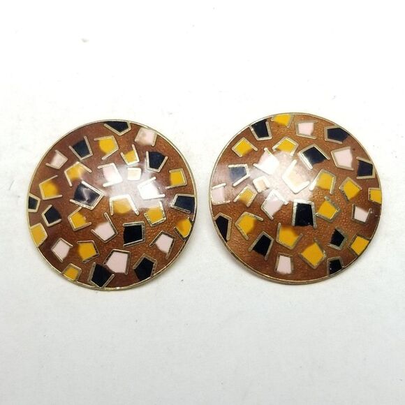 Vintage Brown Black Yellow Enamel Round Clip On Earrings, Retro 80s Style - Picture 2 of 6